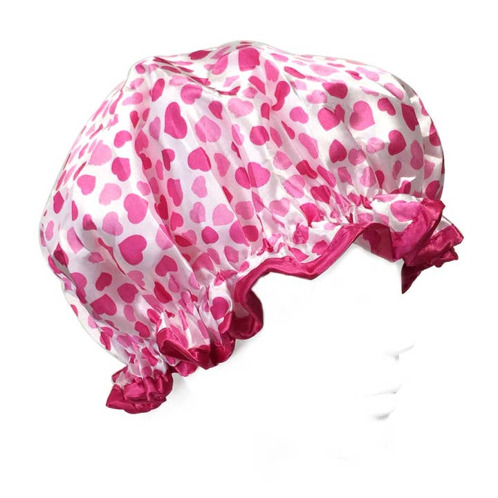 Wrapables Trendy Satin Shower Cap -  Pink Sweet Hearts.