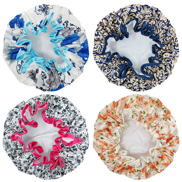 Wrapables Double Layer Waterproof Shower Caps, Majestic Floral (Set of 4)