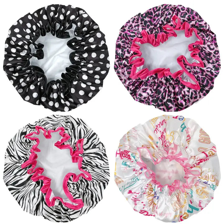 Wrapables Double Layer Waterproof Shower Caps, Animal Print & Dots (Set of 4)
