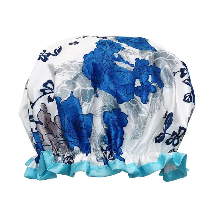 Wrapables Reusable Women's Waterproof Shower Caps, Blue Floral
