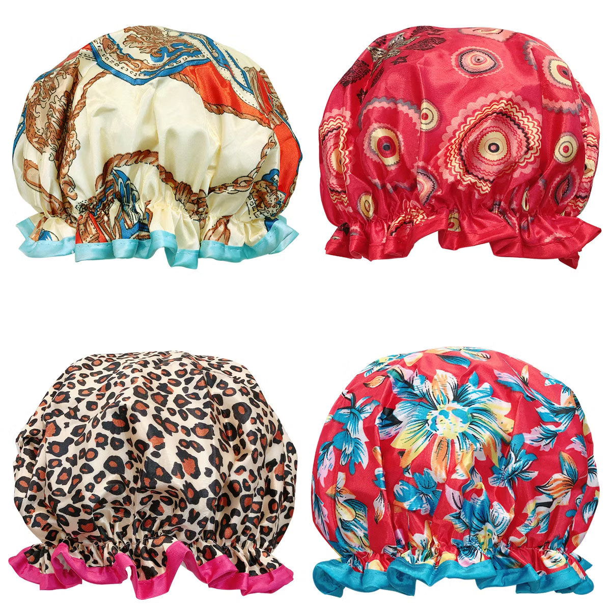 Wrapables Double Layer Waterproof Shower Caps, Retro Floral (Set of 4)