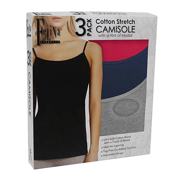 Felina Womens Cotton Modal Camisole, Adjustable Cotton Tank Top 3-Pack  (Black Grey Navy, Small)