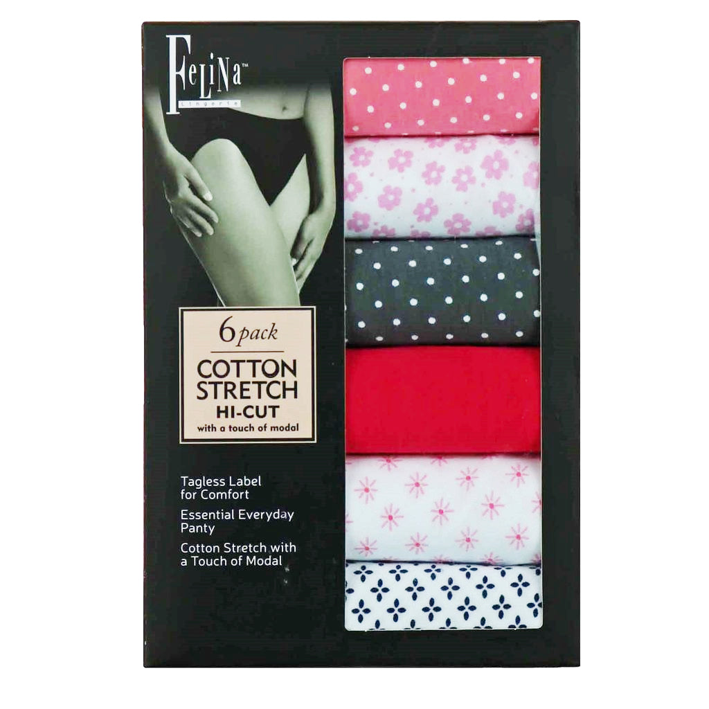 Felina Women's - Hi Cut Cotton Stretch Panties (6 Pack) - ADDROS.COM