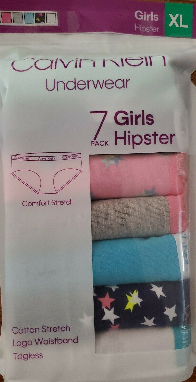 Calvin Klein Girls Hipster Panties Cotton Stretch Logo Waistband Tagless (7 Pack)