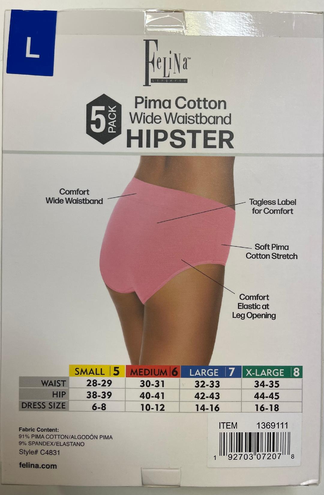 Felina Ladies' Cotton Stretch Hipster, 5-pack Small 