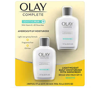 Olay Complete Sensitive Plus All Day Moisturizer with SPF 15 for Sensitive Skin, Two 6.0 oz Bottles - ADDROS.COM