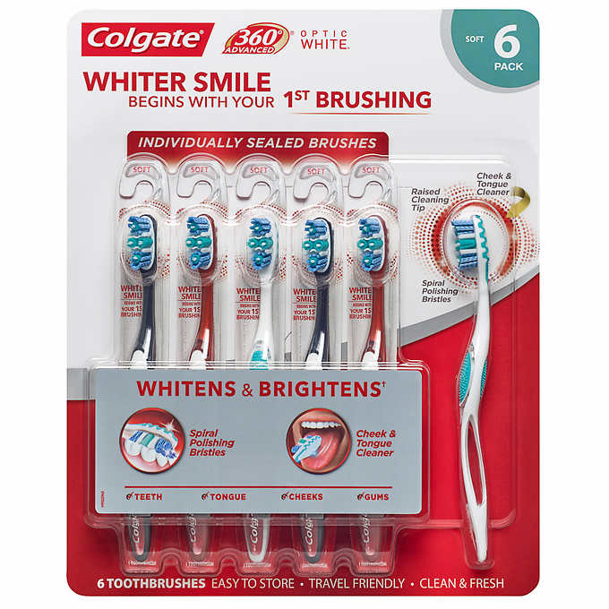 Colgate 360 Advanced Optic White Toothbrush, Soft (6-Pack) - ADDROS.COM