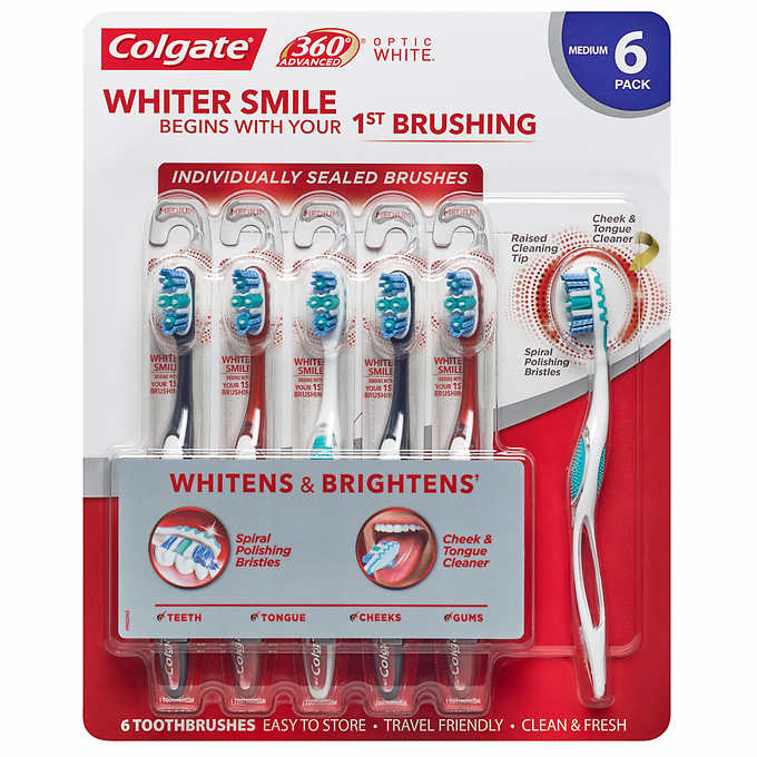 Colgate 360 Advanced Optic White Toothbrush, Medium (6-Pack) - ADDROS.COM